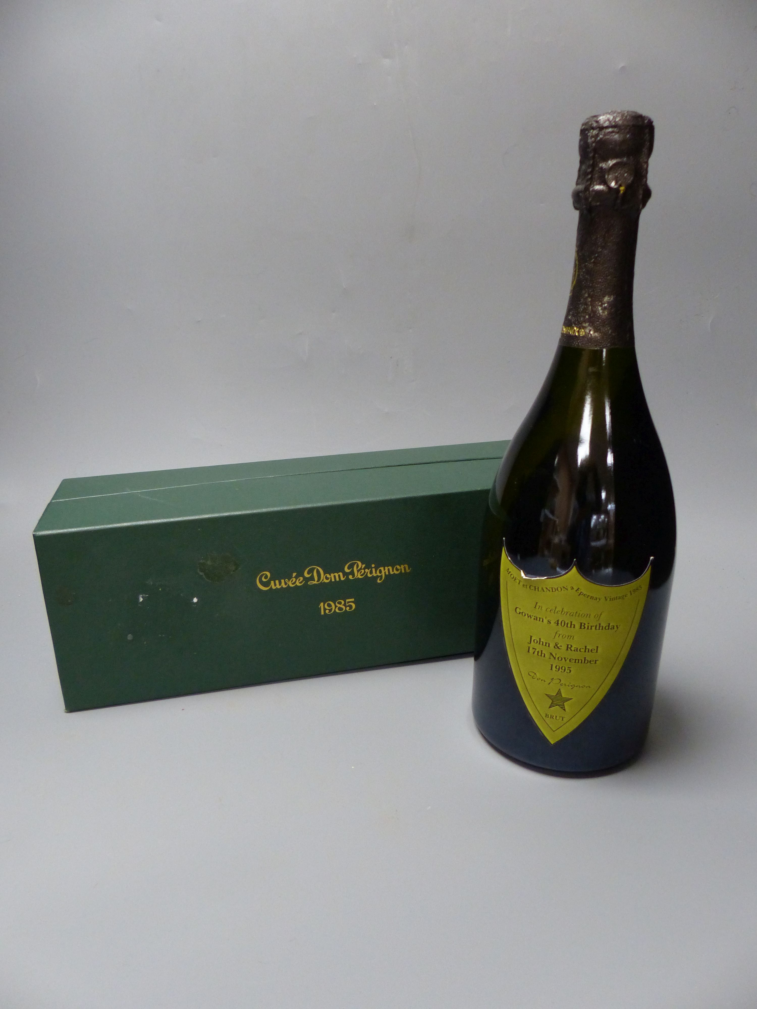One bottle of Dom Perignon, 1985, with later personalised presentation label, boxed.